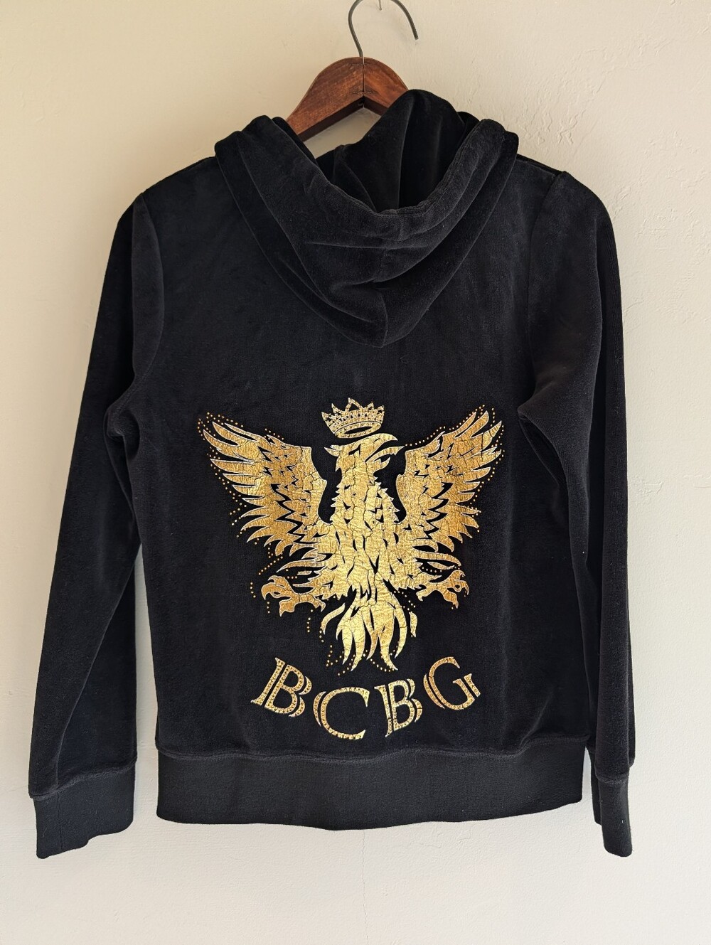 BCBG MAXAZRIA Black Velour Gold Bling Logo Hoodie Y2K